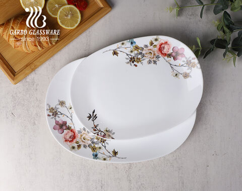 Prato de jantar de vidro opala branco de fábrica de 14 '' com design de flor em flor