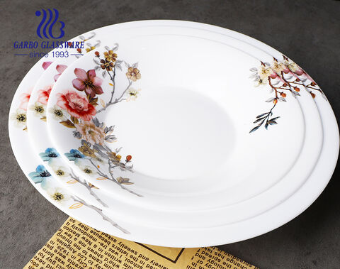 9 inch factory white opal deep soup plate for dinner table with bloom colored flower design