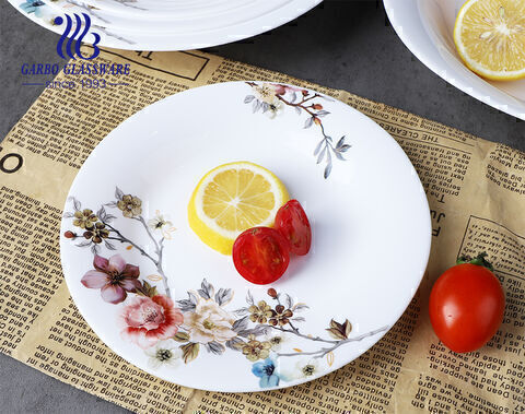 9 inch factory white opal deep soup plate for dinner table with bloom colored flower design