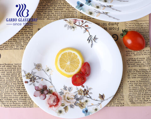 9 inch factory white opal deep soup plate for dinner table with bloom colored flower design