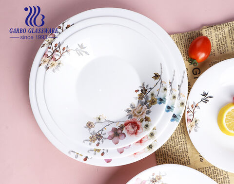 9 inch factory white opal deep soup plate for dinner table with bloom colored flower design