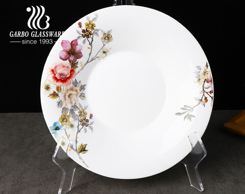 Exquise plaque en verre opale de 9 pouces avec de superbes décalcomanies de fleurs Bl colorées-une touche délicate d'élégance pour votre Table