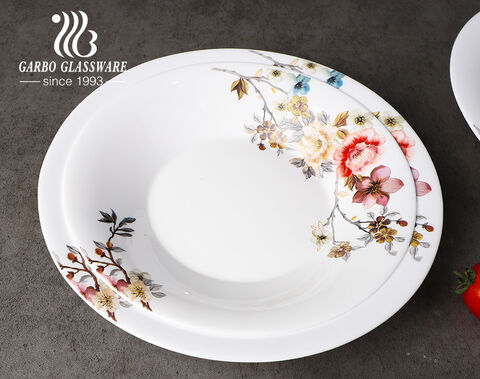 Exquisita placa de vidrio ópalo de 9 pulgadas con impresionantes calcomanías de flores azules de colores: un delicado toque de elegancia para su mesa