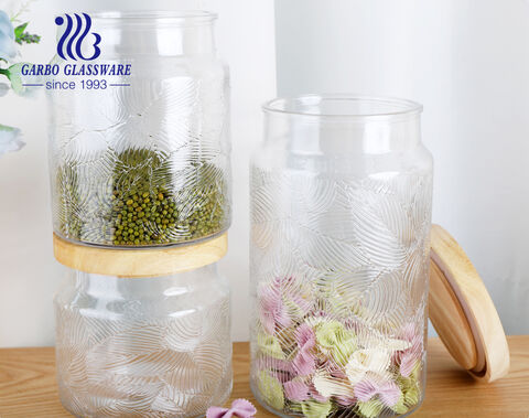 1250ml Bamboo Lid Glass Bottle Leaf Embossing Pattern Glass Storage Jar