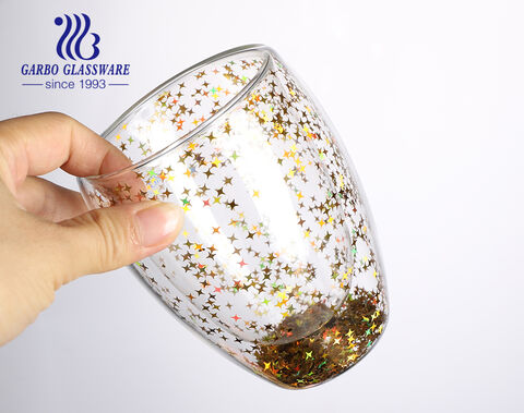 Wärmeisolierter Doppelschicht-Glasbecher mit sternförmiger Pailletten-Isolierung, 350 ml