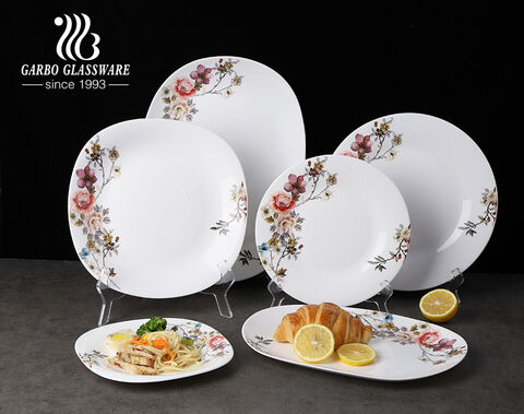 Garbo high-quality white opal glass dinner set with colored bloom flower designs