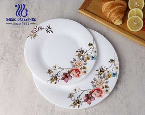 Garbo high-quality white opal glass dinner set with colored bloom flower designs