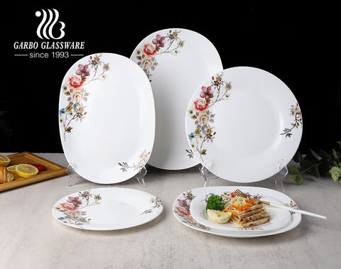 Garbo high-quality white opal glass dinner set with colored bloom flower designs