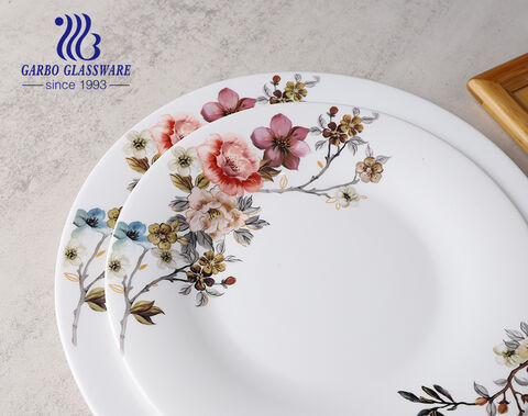 Garbo high-quality white opal glass dinner set with colored bloom flower designs