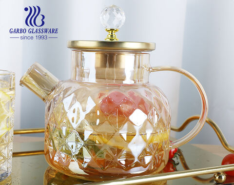High borosilicate amber colored ion-plating glass teapot with engraved diamond design