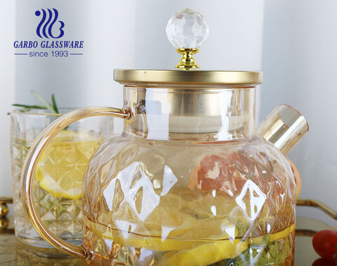 High borosilicate amber colored ion-plating glass teapot with engraved diamond design