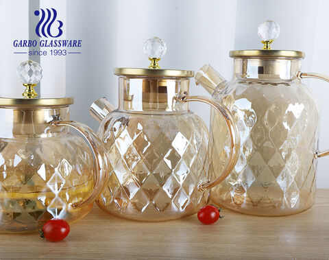 High borosilicate amber colored ion-plating glass teapot with engraved diamond design