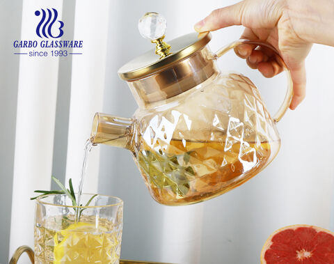 Heat-resistant borosilicate customized ion-plating glass teapot with diamond design metal lid