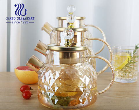 Heat-resistant borosilicate customized ion-plating glass teapot with diamond design metal lid