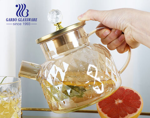 Heat-resistant borosilicate customized ion-plating glass teapot with diamond design metal lid