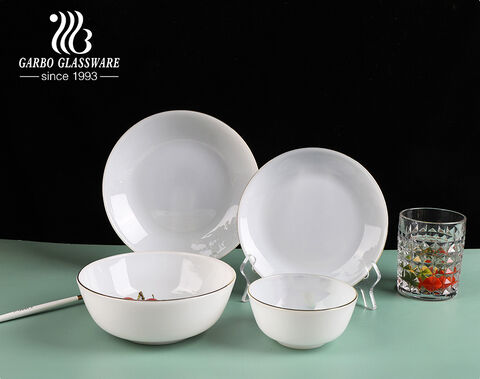 Ensemble de 14 bols et assiettes en verre opale de jade avec bord doré de luxe pour 5 personnes