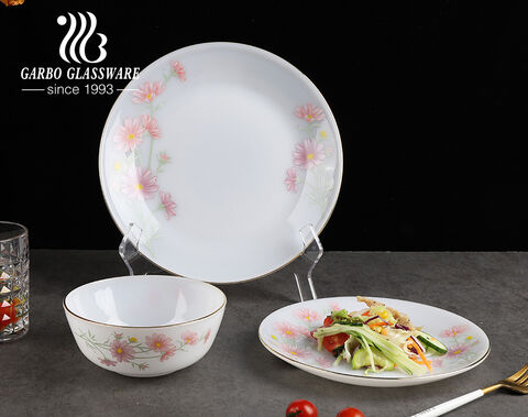 Ensemble de vaisselle de luxe avec bols et assiettes en verre opale de jade, bord doré, 12 pièces