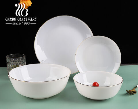 China hot sale 19pcs white jade opal dinner set plate bowl with golden rim for home use