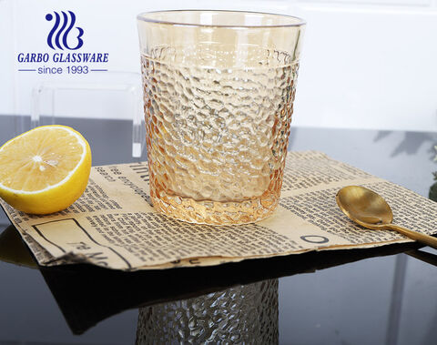 14OZ high-quality machine-pressed glass drinking cups with hammer pattern design amber color