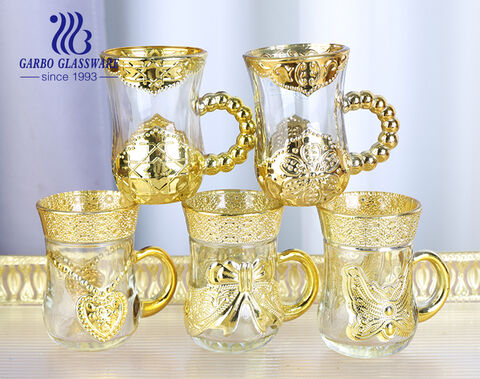كوب شاي ماء زجاجي مزين بطلاء ذهبي 90 مل على طراز الشرق الأوسط