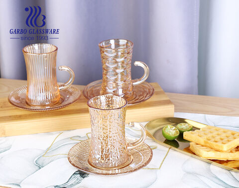 6pcs glass tea mug with 6 pcs glass saucer in Ion Plating