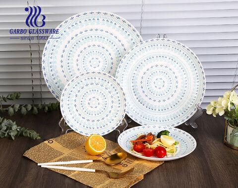 Bohemian Style Full Decal Printing Tableware 12inch Flat Opal Glass Dinner Plate