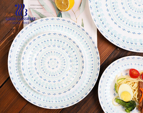 Bohemian Style Full Decal Printing Tableware 12inch Flat Opal Glass Dinner Plate