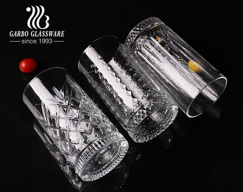Taza de cristal de whisky grabada en relieve estilo pavo de alta calidad de 16 onzas con diseño de diamante grabado