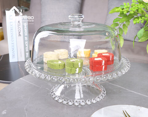 High-white embossed glass dessert cake dish with stand and decorative lid for party