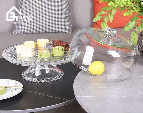 High-white embossed glass dessert cake dish with stand and decorative lid for party