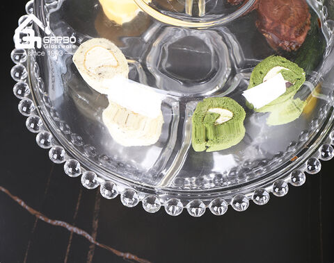 High-white embossed glass dessert cake dish with stand and decorative lid for party