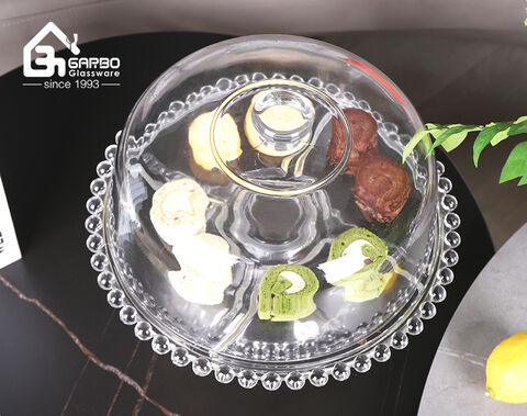 High-white embossed glass dessert cake dish with stand and decorative lid for party