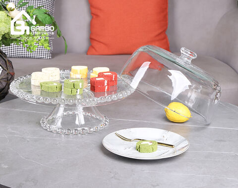 High-white embossed functional glass serving plate with stand and flower edge lid