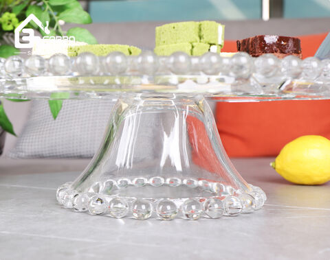 High-white embossed functional glass serving plate with stand and flower edge lid