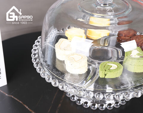 High-white embossed functional glass serving plate with stand and flower edge lid