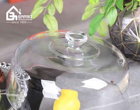 High-white embossed functional glass serving plate with stand and flower edge lid