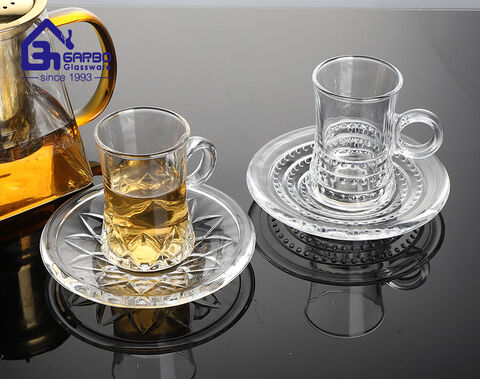 Household glasses 4 design mix mold glass tea mug with saucer set for restaurant