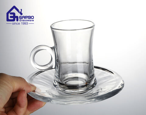 Household glasses 4 design mix mold glass tea mug with saucer set for restaurant