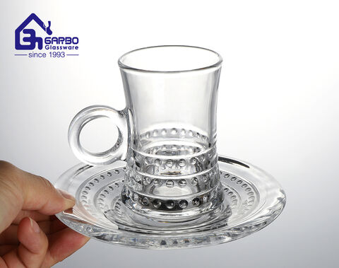 Household glasses 4 design mix mold glass tea mug with saucer set for restaurant