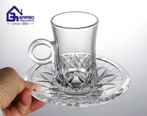 Household glasses 4 design mix mold glass tea mug with saucer set for restaurant