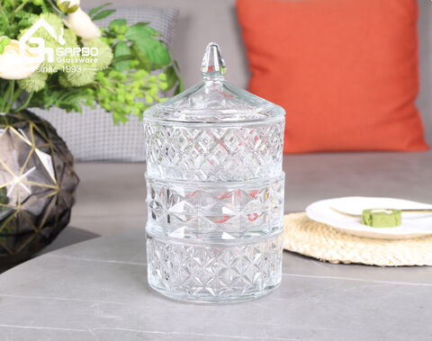 Machine-made high-white three floors glass candy jar with lid for home decor use