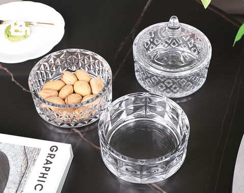 High-white embossed three-layers glass storage candy jar for home use