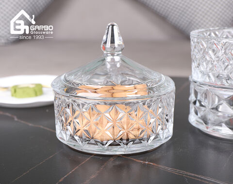 High-white embossed three-layers glass storage candy jar for home use