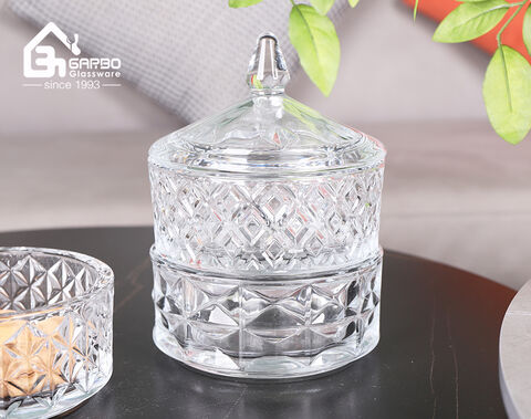 High-white embossed three-layers glass storage candy jar for home use