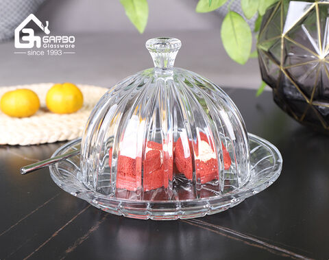 High-white embossed glass serving cake dessert dish with lid for home party use