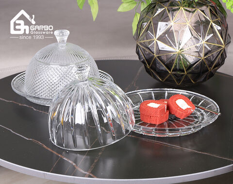 High-white classical style embossed glass cake stand serving dish with cover for home party