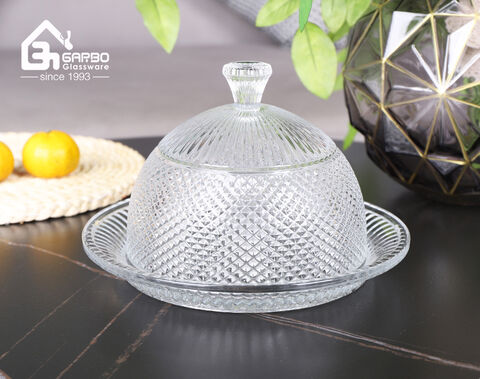 High-white classical style embossed glass cake stand serving dish with cover for home party