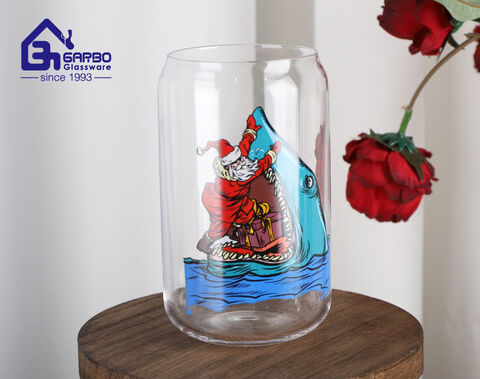 Vaso de vidrio de borosilicato de alta gama con diseño navideño.