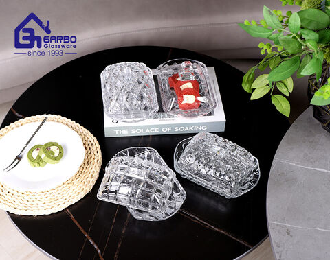 Factory high-end rectangular shape glass butter dish plate with lid for table use
