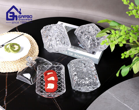 Factory high-end rectangular shape glass butter dish plate with lid for table use